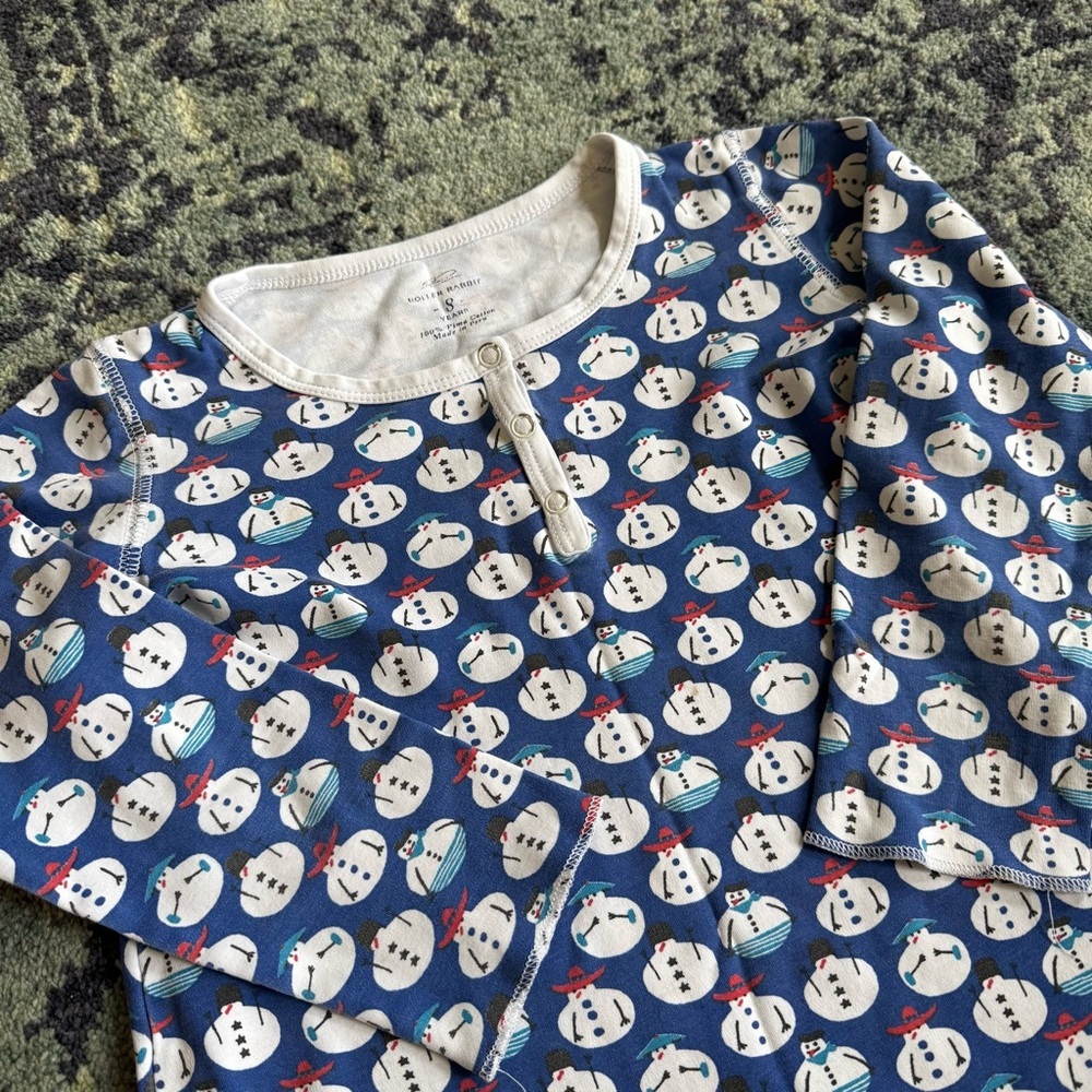 Girl’s Roller Rabbit Snowman Print 3/4 Sleeve 100% Pima Cotton Henley PJ Top